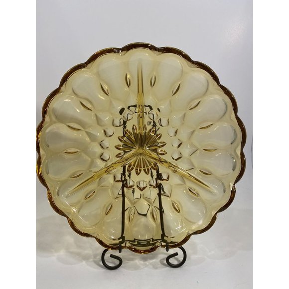 Anchor Hocking Amber Fairfield Divided Dish Vintage 1960's Diameter 8 3/4" - Picture 3 of 5